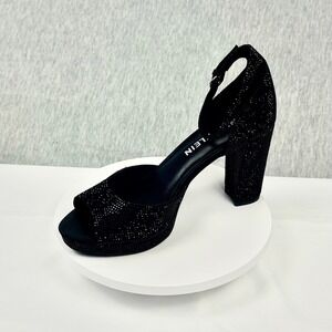 Anne Klein Akvista-C Black Crystal Rhinestone Platform Block Heel Sandals 6.5M